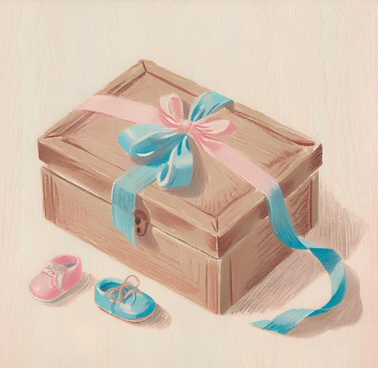 A memory box with the baby loss pink and blue ribbon colours next to a pink and a blue baby shoes